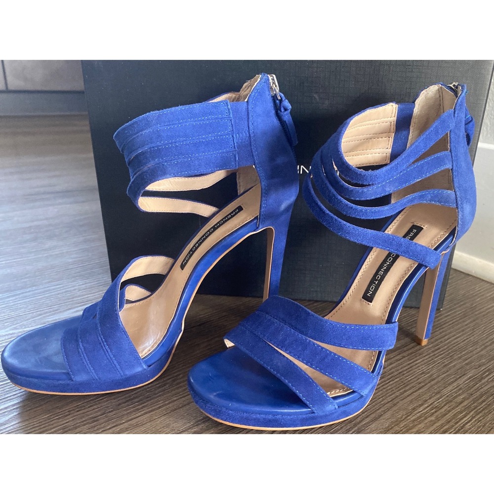 French Connection Monarch Blue Suede Multi Strap Cage Stiletto Heels Sandals 7.5 - Picture 3 of 11